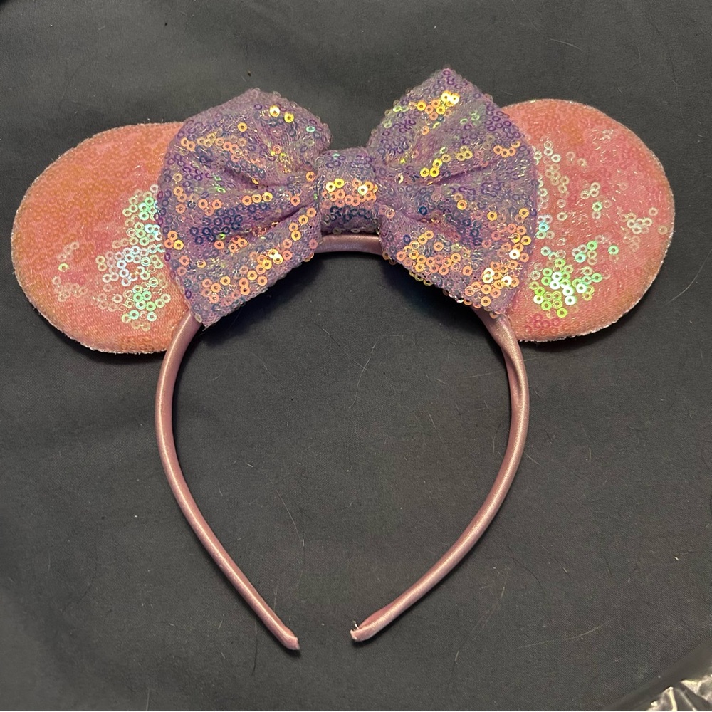 Disney Minnie Mouse Rose Gold Iridescent Sequin Ears Headband Pink Lavender Bow